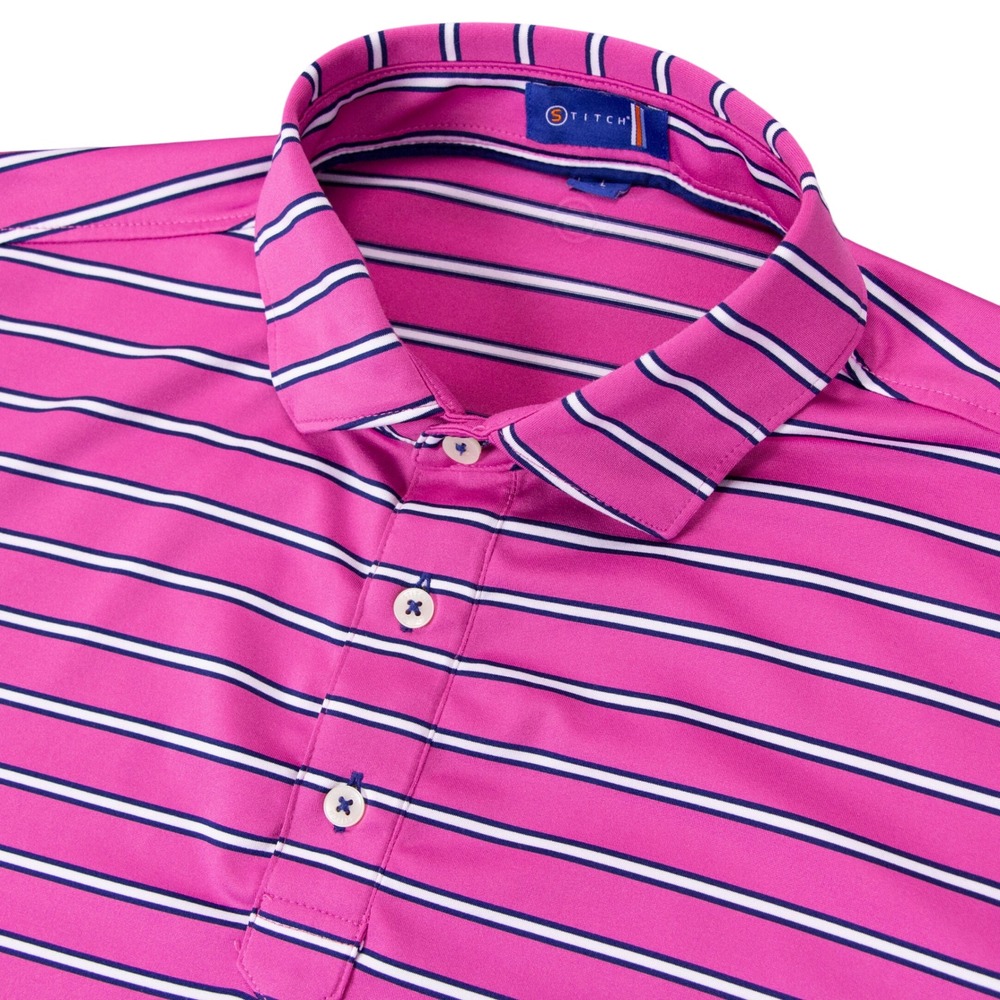 Stitch Golf Mens Large Pink Striped Short Sleeve Performance Polo Shirt‎
